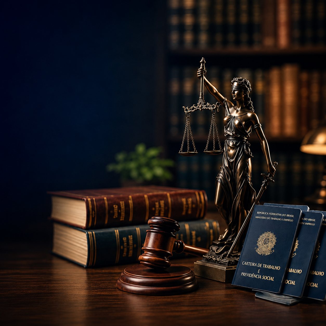 Estátua da Justiça, martelo e carteiras de trabalho sobre a mesa